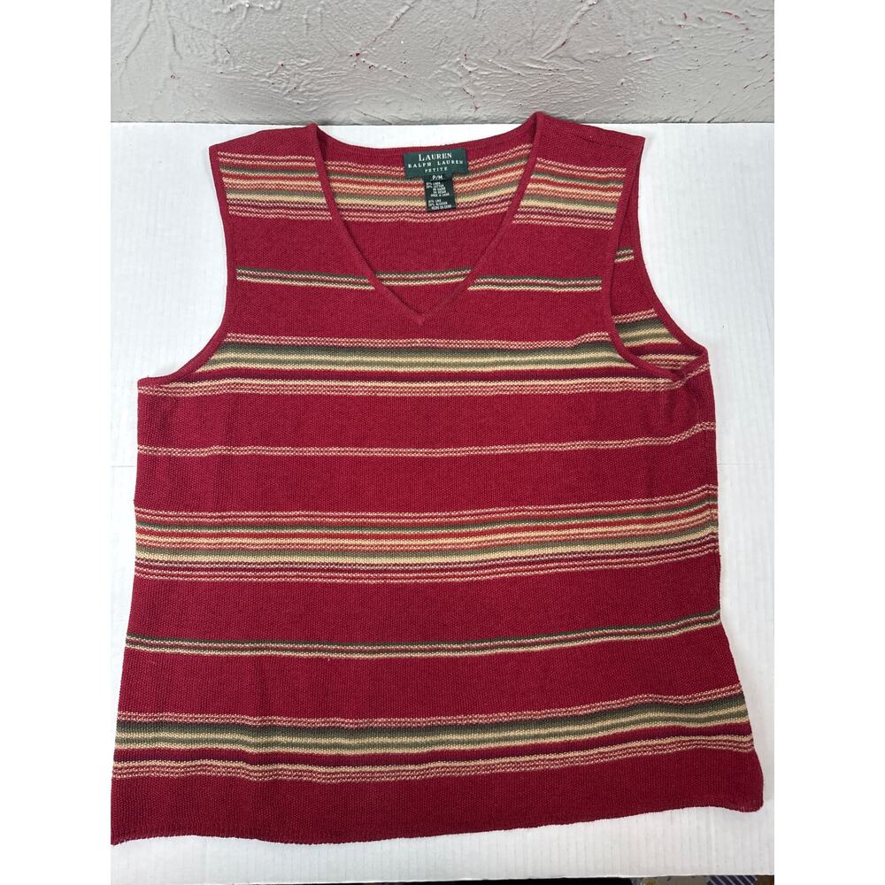 Lauren Ralph Lauren Top Women’s Red Striped Sleeveless Linen Blend Petite Medium